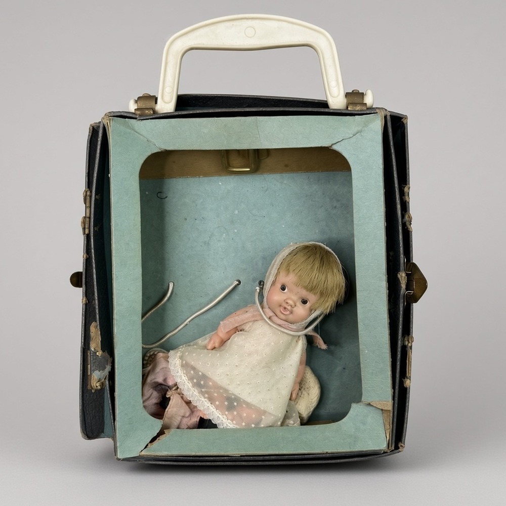 Vintage Miniature Baby Doll in Black Carrying Case Display Box 3.5 Inch Toy